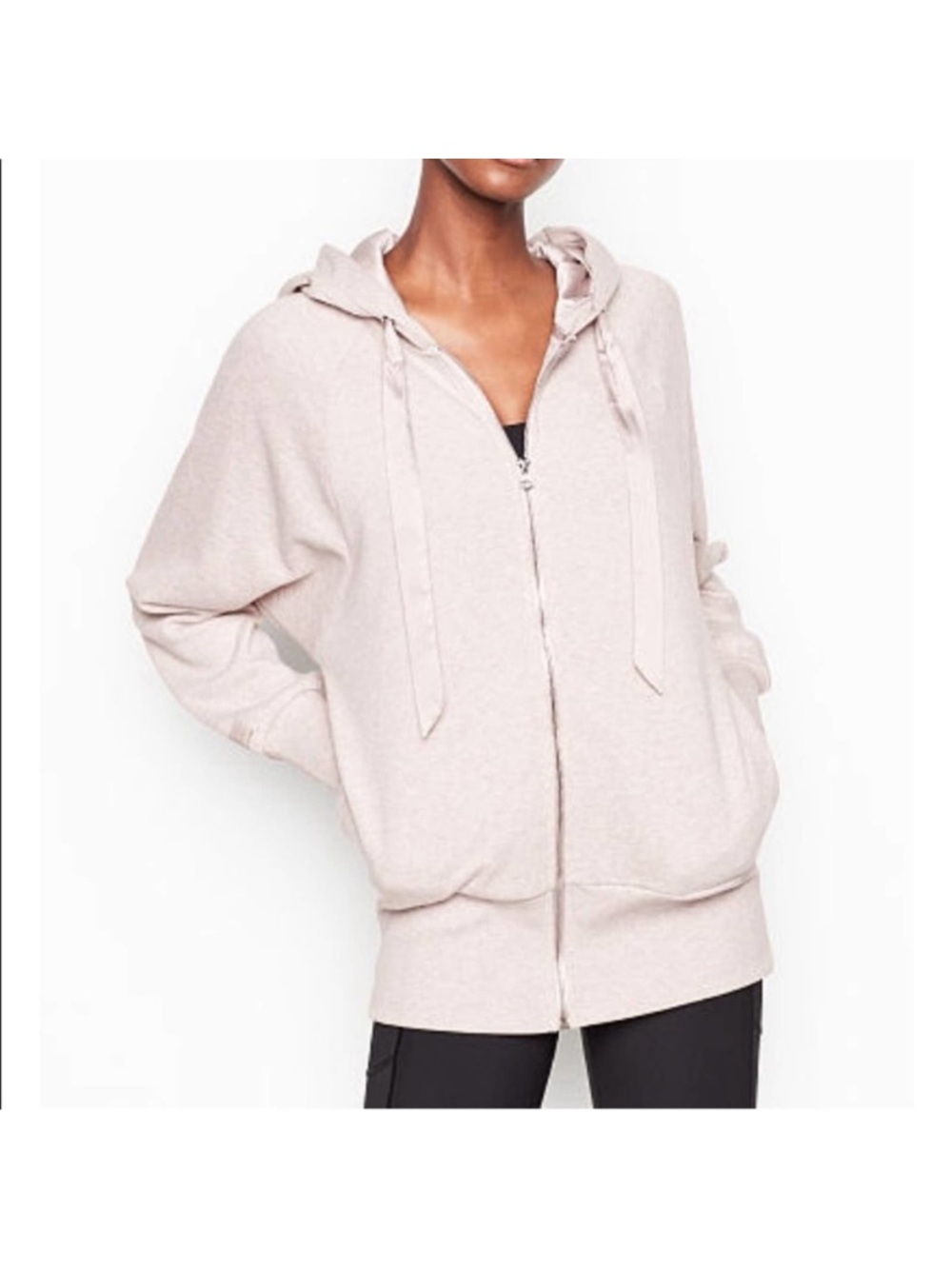 Victoria's Secret Satin-Trim Zip Hoodie in Oatmeal XS